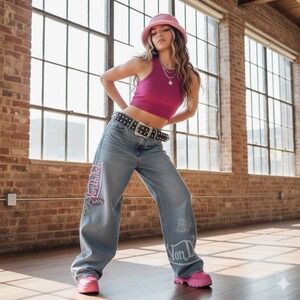 Von Dutch Women's 31 Extra Wide Leg Jeans Fits 36" Waist Embroidered Y2K Baggy